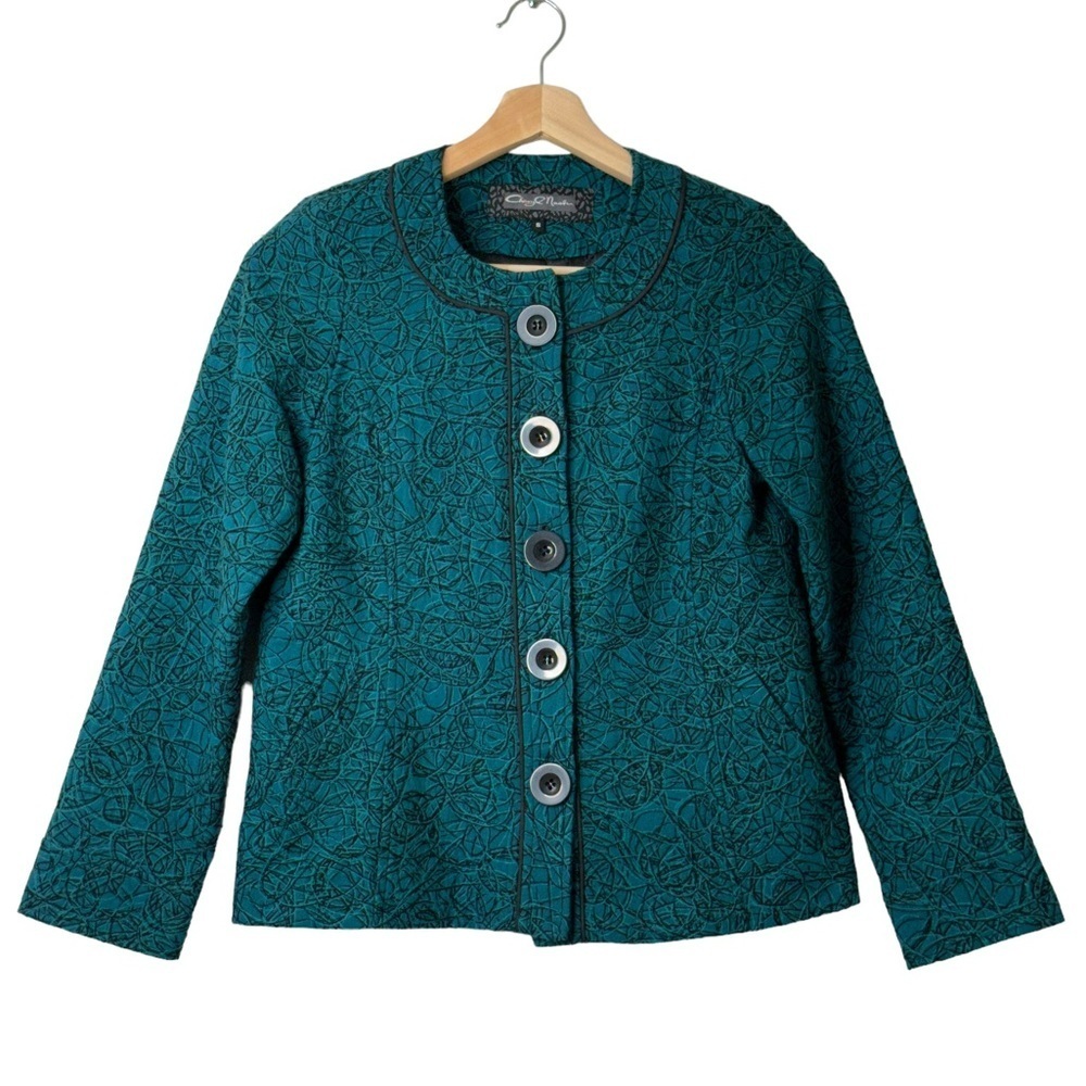Vintage Artsy Abstract Stitched Button Front Quilted Blazer Jacket Women Size S